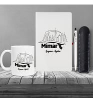 Kişiye Özel Mimar  Seti Beyaz Defter Metal & Beyaz Metal Tükenmez Kalem ve Kupa