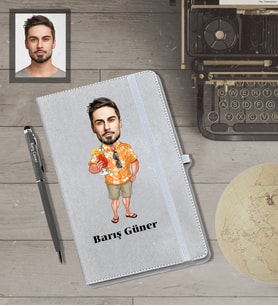Kişiye Özel Erkek Karikatürlü Gri Defter Kalem Hediye Seti  Model-10
