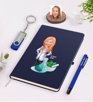BK Gift Kişiye Özel Kadın Eczacı Karikatürlü Lacivert Defter Kalem 32gb USB Bellek Hediye Seti-1 (Model 1)