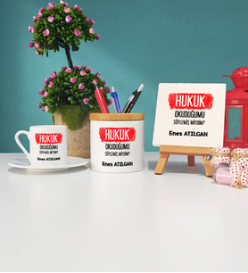 Hukuk Okuduğumu Söylemiş Miydim Hukukçu Hediye Türk Kahvesi Fincanı Kalemlik ve Dekoratif Taş Baskı Seti