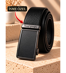 Hakiki Deri Deliksiz Mandallı Mekanizmalı Erkek Kemer İsme Özel (Siyah) (İsme Özel Anahtarlık Hediyeli)