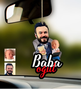 BK Gift Kişiye Özel Baba Oğul Karikatürlü Ahşap Araba Dikiz Ayna Süsü-2 (Çok Renkli)