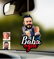 BK Gift Kişiye Özel Baba Oğul Karikatürlü Ahşap Araba Dikiz Ayna Süsü-2 (Çok Renkli)