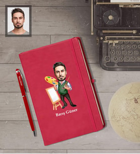 Kişiye Özel Ressam Karikatürlü Kırmızı Defter Kalem Hediye Seti   Bay-1