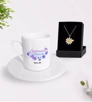 BK Gift Kişiye Özel Öğretmenler Gününüz Kutlu Olsun Türk Kahvesi Fincanı ve İsimli Papatya Kolye Hediye Seti-12 (Model 1)