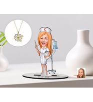 BK Gift Kişiye Özel Hemşire Karikatürlü 3D Ahşap Biblo ve İsimli Tarihli Papatya Kolye Seti-2 (Model 1)