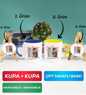 İkili Lacivert Sarı Sevgiliye Sevgililer Günü Hediyesi 12 Kupa Bardak Anahtarlık