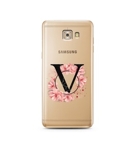 Pembe Çiçekli Harf Tasarım Süper Şeffaf Silikon Telefon Kılıfı Samsung C7 Pro  V