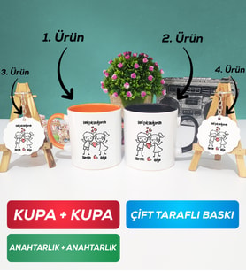 İkili Turuncu Siyah Kişiye Özel Sevgililer Günü Hediyesi Kupa Bardak Anahtarlık Hediye Seti