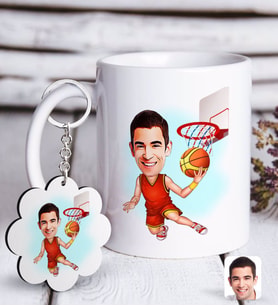 BK Gift Kişiye Özel Erkek Basketbolcu Karikatürlü Beyaz Kupa ve Anahtarlık Hediye Seti-1 (Model 1)
