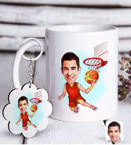 BK Gift Kişiye Özel Erkek Basketbolcu Karikatürlü Beyaz Kupa ve Anahtarlık Hediye Seti-1 (Model 1)