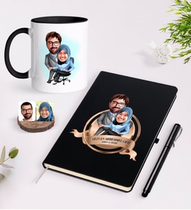 BK Gift Kişiye Özel Yılın En Mükemmel Çifti Karikatürlü Siyah Defter Kalem ve Kupa Seti-59 (Model 1)
