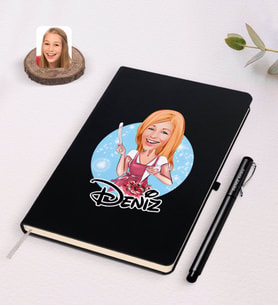 BK Gift Kişiye Özel Kadın Aşçı Karikatürlü Siyah Defter ve Kalem Hediye Seti-1