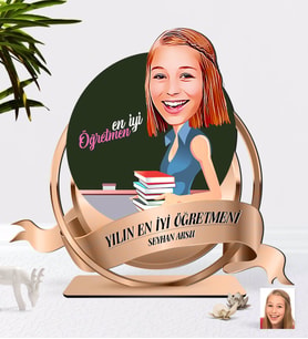 BK Gift Kişiye Özel Yılın En İyi Kadın Öğretmeni Karikatürlü 3D Ahşap Biblo Plaket-1 (Beyaz)