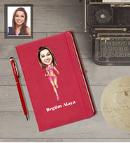 Kişiye Özel Sporcu Karikatürlü  Kırmızı Defter Kalem Hediye Seti Bayan-1