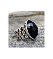 Mavi Zirkon Taşlı Oval Kasa Kordon Model Gümüş Erkek Yüzük
