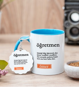 Öğretmen Kelime Anlamı Mavi Kupa Bardak Ve Anahtarlık Set