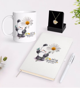 BK Gift Kişiye Özel Papatya Temalı En İyi Öğretmen Beyaz Kupa Defter Kalem ve İsimli Papatya Kolye Hediye Seti-9 (Model 1)