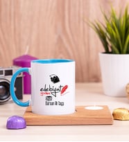 Edebiyat Öğretmeni Ahşap Altlıklı Mumlu Mavi Kupa Bardak