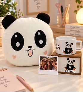 Kişiye Özel Fotoğraflı Panda Yastık Ve Panda Kutulu Kupa Hediye Seti