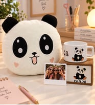 Kişiye Özel Fotoğraflı Panda Yastık Ve Panda Kutulu Kupa Hediye Seti