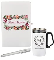 Bahar Çiçekleri Desenli Kişiye Özel Hediye Defter Kalem Termos - Mug Seti