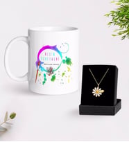 BK Gift Kişiye Özel Resim Öğretmeni Beyaz Kupa ve Papatya Kolye Hediye Seti-4 (Model 1)