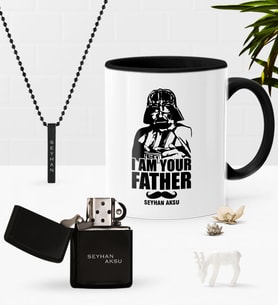 BK Gift Kişiye Özel Babalar Günü Siyah Kupa Benzinli Çakmak Kolye Seti (Model 1)