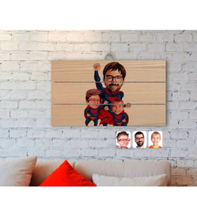 BK Gift Kişiye Özel Süper Baba ve 2 Çocuk Karikatürlü Otantik Ahşap Palet Tablo-1