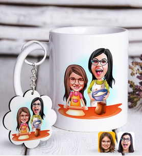 BK Gift Kişiye Özel Anne Kız Karikatürlü Beyaz Kupa ve Anahtarlık Hediye Seti-2 (Model 1)