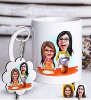 BK Gift Kişiye Özel Anne Kız Karikatürlü Beyaz Kupa ve Anahtarlık Hediye Seti-2 (Model 1)