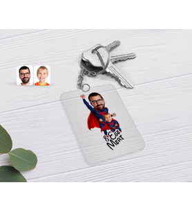 BK Gift Kişiye Özel Süper Baba ve Çocuk Karikatürlü Şeffaf Pleksi Anahtarlık (Beyaz)