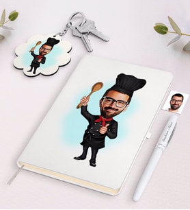 BK Gift Kişiye Özel Erkek Chef Karikatürlü Beyaz Defter Kalem ve Anahtarlık Hediye Seti (Model 1)