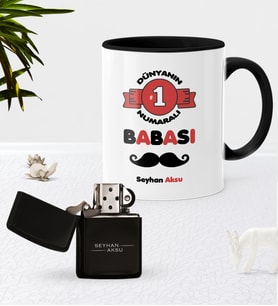 BK Gift Kişiye Özel Dünyanın 1 Numaralı Babası Siyah Kupa Bardak Benzinli Çakmak Seti (Model 1)