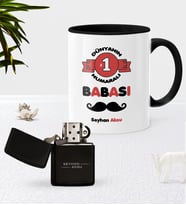 BK Gift Kişiye Özel Dünyanın 1 Numaralı Babası Siyah Kupa Bardak Benzinli Çakmak Seti (Model 1)