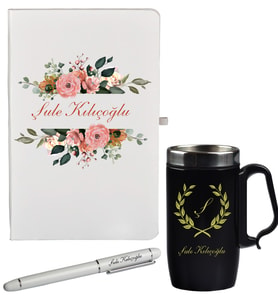 Kişiye Özel Hazırlanmış Hediye Defter Kalem Ve Siyah Termos - Mug Seti