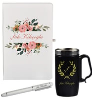 Kişiye Özel Hazırlanmış Hediye Defter Kalem Ve Siyah Termos - Mug Seti