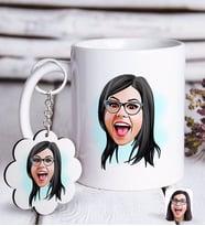 BK Gift Kişiye Özel Kadın Yüz Karikatürlü Beyaz Kupa ve Anahtarlık Hediye Seti-2 (Model 1)