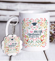 BK Gift Kişiye Özel En İyi Öğretmen Beyaz Kupa ve Anahtarlık Hediye Seti-15 (Model 1)