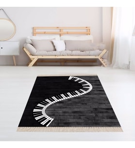 Piyano Desenli Halı Dijital Baskı Yıkanabilir Kaymaz Taban Modern Salon Halısı (Siyah)