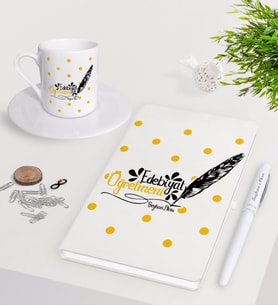BK Gift Kişiye Özel Edebiyat Öğretmeni Beyaz Defter Kalem Türk Kahvesi Fincanı Seti-2 (Model 1)