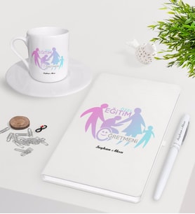 BK Gift Kişiye Özel Özel Eğitim Öğretmeni Beyaz Defter Kalem Türk Kahvesi Fincanı Seti-2 (Model 1)