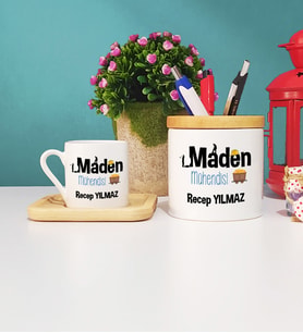 Maden Mühendisi Ahşap Altlıklı Türk Kahvesi Fincanı ve Kalemlik Seti