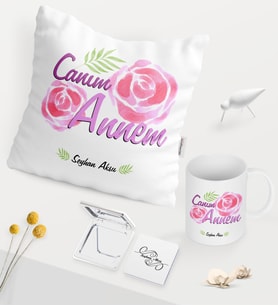 BK Gift Kişiye Özel Canım Annem Beyaz Kupa Ayna Yastık Seti - 15 (Model 1)