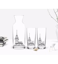 BK Gift Kişiye Özel Renkli Baskılı Kız Kulesi Tasarımlı İkili Rakı Bardağı ve Karaf Hediye Seti-1 (Beyaz)