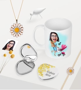BK Gift Kişiye Özel Ev Hanımı Anne Karikatürlü Kupa Kalp Ayna Papatya Takı Seti-1 (Model 1)