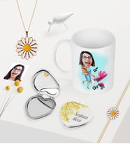 BK Gift Kişiye Özel Ev Hanımı Anne Karikatürlü Kupa Kalp Ayna Papatya Takı Seti-1 (Model 1)