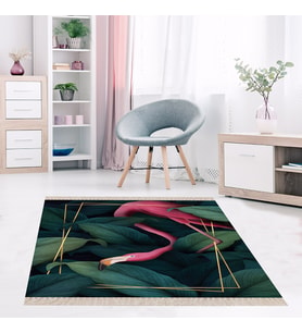 Yeşil Yaprak Flamingo Desen Gold Çerçeveli Etnik Dijital Baskı Yıkanabilir Modern Salon Halı Yolluk