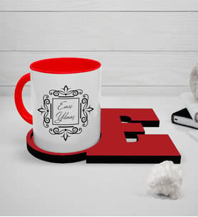 BK Gift Kişiye Özel Kırmızı Kupa ve Harfli Kırmızı Bardak Altlığı Seti