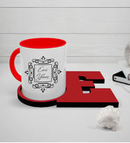 BK Gift Kişiye Özel Kırmızı Kupa ve Harfli Kırmızı Bardak Altlığı Seti